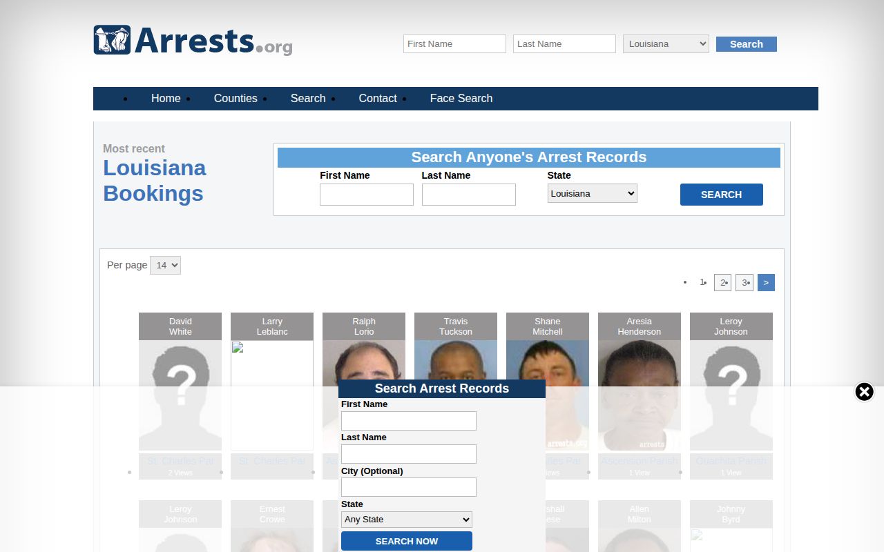 Unofficial Louisiana arrest index with statewide county filtering