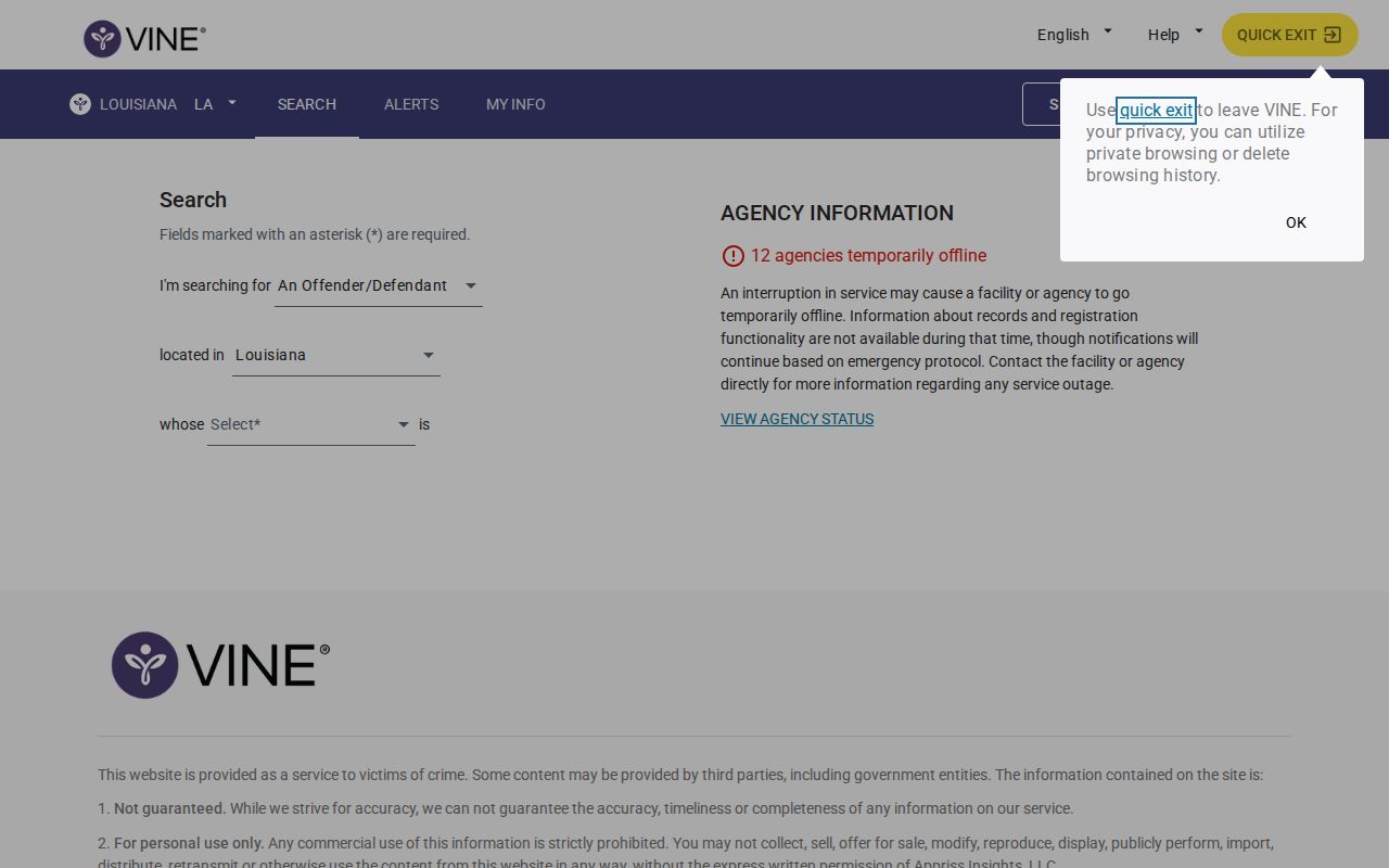 Louisiana VINELink search for a West Baton Rouge Parish arrest record