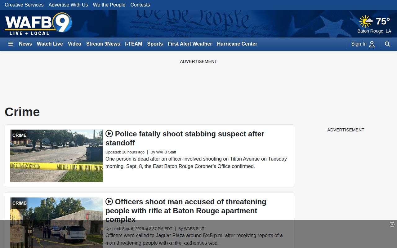 WAFB Crime section showing selected regional crime and arrest reporting