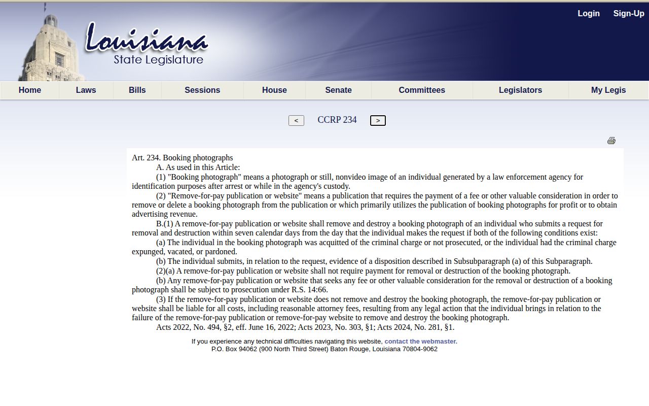 Louisiana booking photo law for West Baton Rouge Parish arrest records